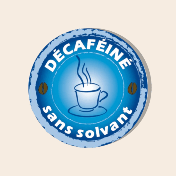 Étiquette café décaféiné. Un café 100 % arabica aux notes florales.
