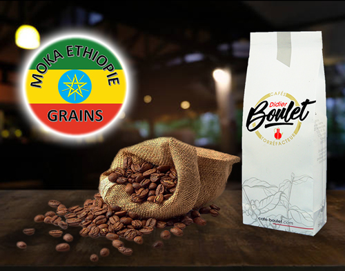 Moka d'Ethiopie Grains de café et paquet de café Didier Boulet