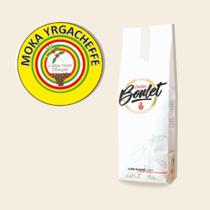 Paquet de café Moka Yirgacheffe signé Cafés Didier Boulet. Un café aux notes d'abricot et de chocolat.