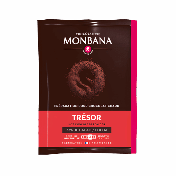 Sachet individuel contenant 25 g de chocolat en poudre Trésor Monbana.